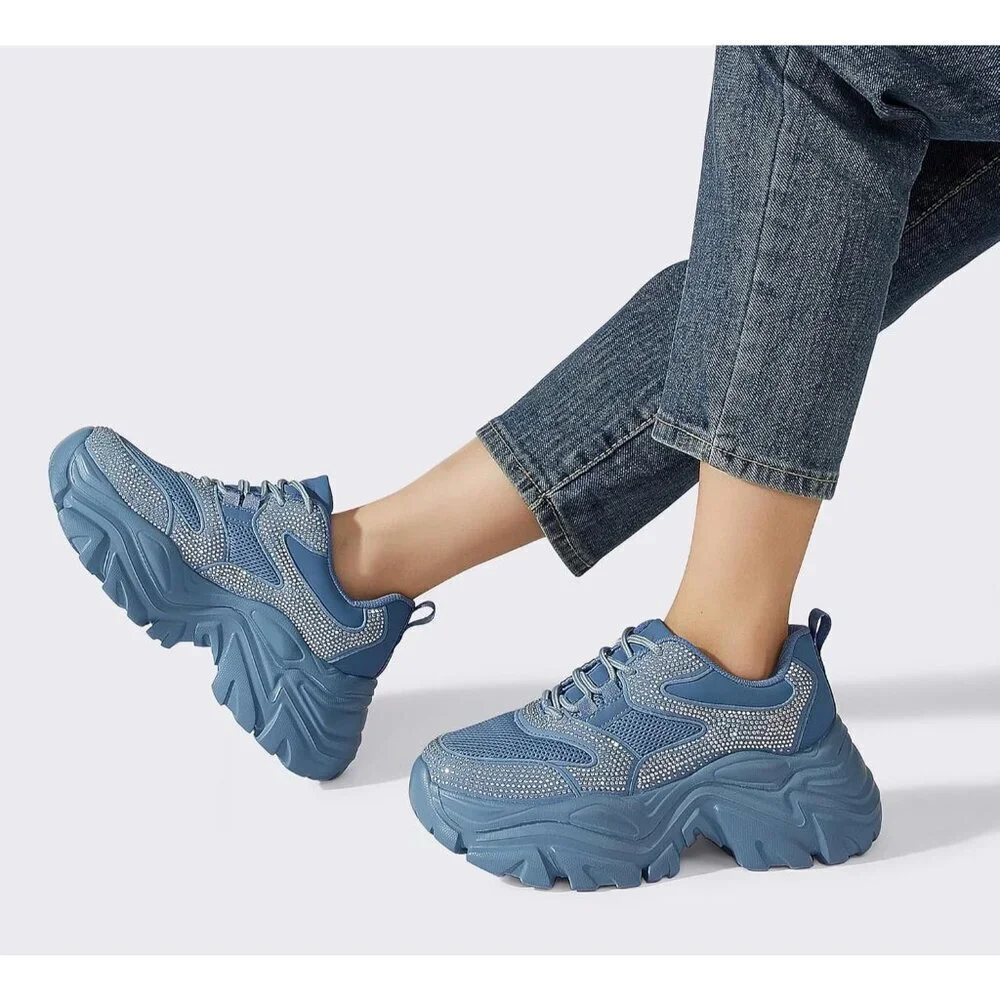 Women Leather Blue Rhinestone Comfortable Wedge Walking Sport Sneakers Shoes